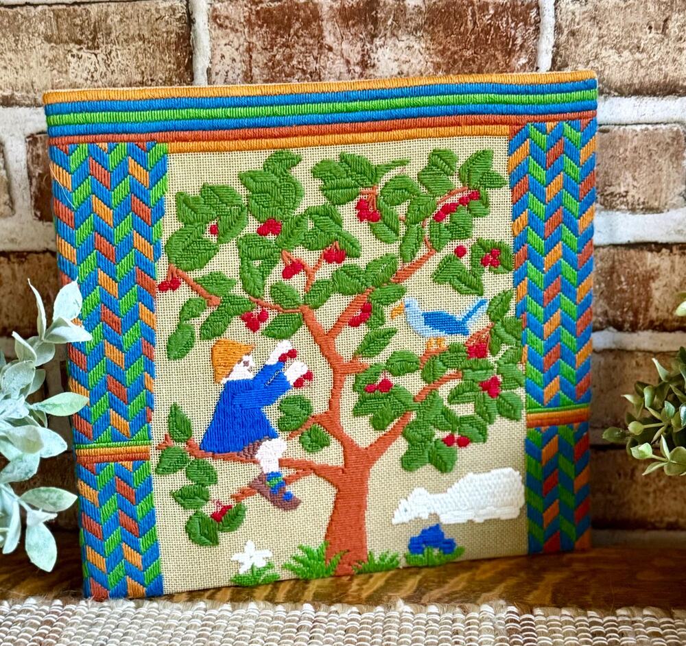 Needlepoint Child Apple Tree Tapestry | Vintage 1970s Folk Art Wall Hanging